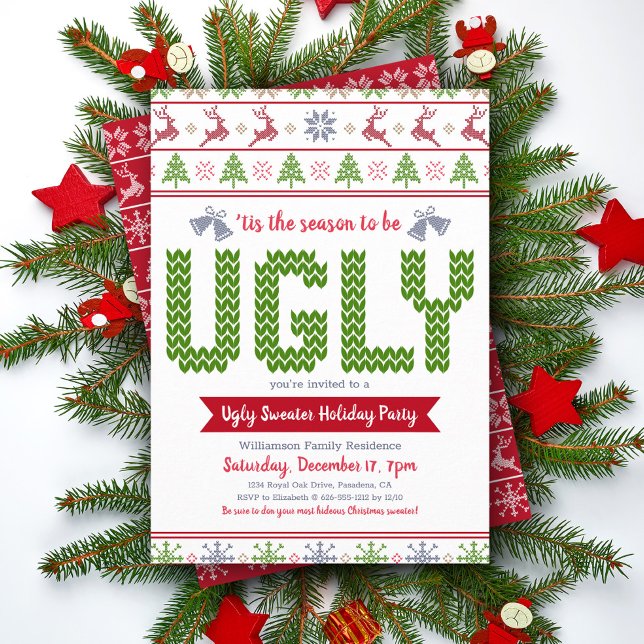 Ugly Sweater Red Green Christmas Holiday Party Fun Invitation (Creator Uploaded)