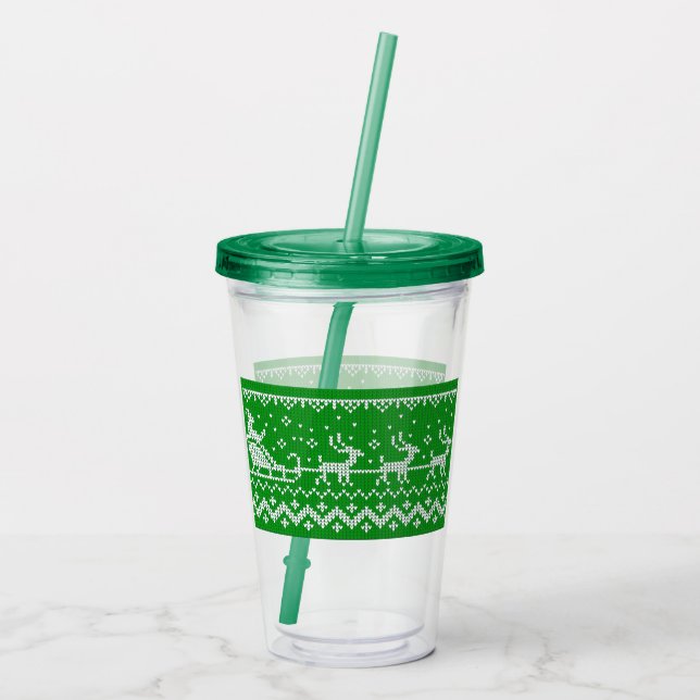 Ugly sweater Santa Claus sleigh and reindeers Acrylic Tumbler (Back)