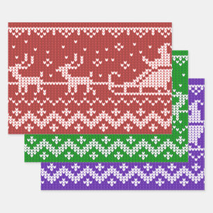 Ugly sweater Santa Claus sleigh and reindeers Wrapping Paper Sheet