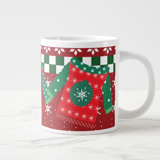 Ugly Sweater Snowflake Pattern Red Green   Large Coffee Mug (Right)