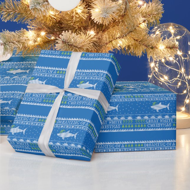 Ugly Sweater Style Great White Christmas Blue Wrapping Paper (Holidays)