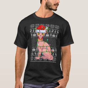 Ugly Sweater Style Xmas Lights Santa Sphynx Cat Ch