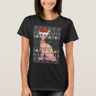 Ugly Sweater Style Xmas Lights Santa Sphynx Cat Ch