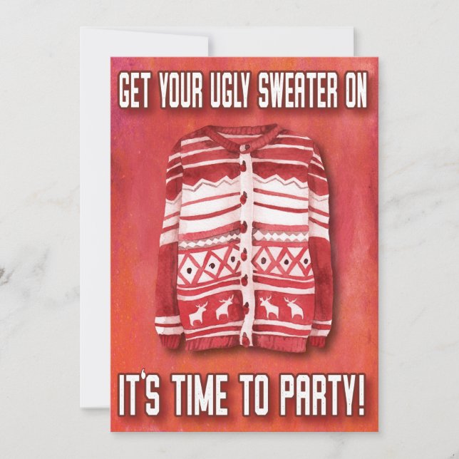 Ugly Sweater Time To Party Family Red Watercolor Invitation (Front)