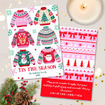 Ugly Sweater Tis The Season Family Christmas Holiday Card<br><div class="desc">This ugly sweater design features 6 ugly sweaters with reindeer, Christmas trees, Santa a snowman and more in a colour palette of red, green and pink. The text reads 'Tis The Season' with your family name and year, all of which can be customised. On the back of the card is...</div>