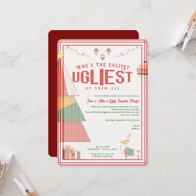 Ugly Sweater Ugliest Contest Christmas Holiday  Invitation (Front/Back In Situ)