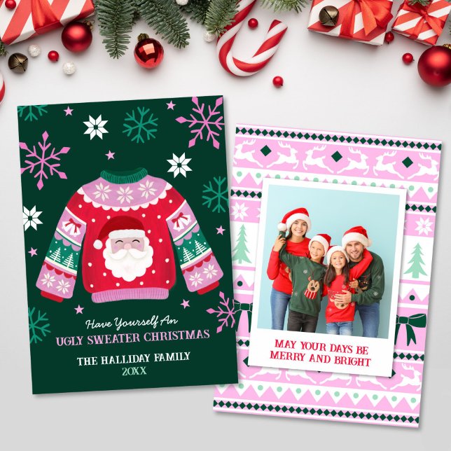 Ugly Sweater with Santa & Snowflakes Family Photo Holiday Card (Ugly Sweater with Santa & Snowflakes Family Photo Holiday Card)