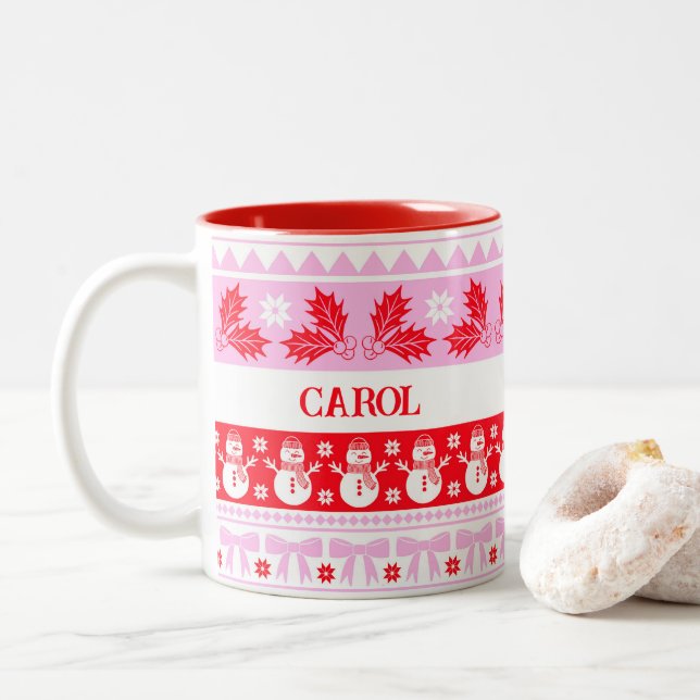 Ugly Sweater with Snowman Pink and Red  Two-Tone Coffee Mug (With Donut)