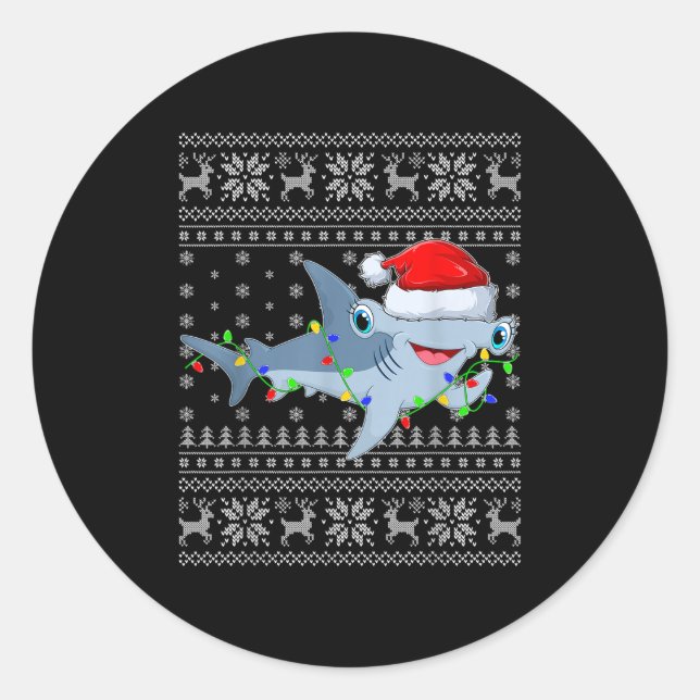Ugly Sweater Xmas Lights Santa Hammerhead Shark Ch Classic Round Sticker (Front)