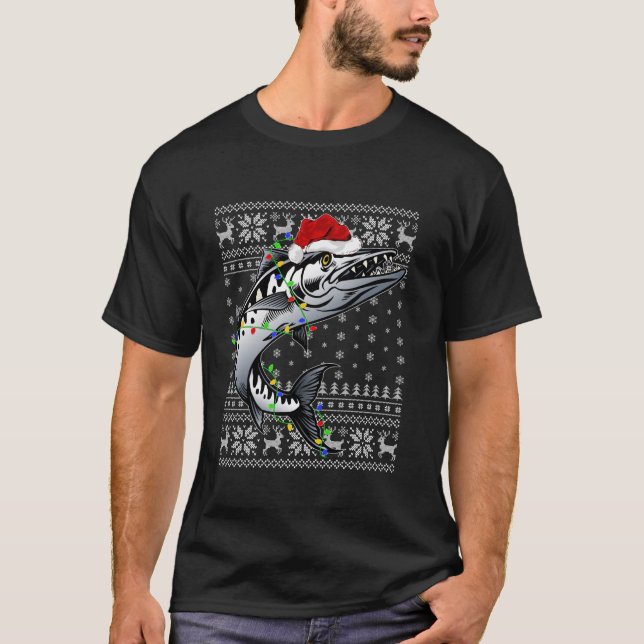 Ugly Sweater Xmas Lights Santa Hat Barracuda Fish  (Front)