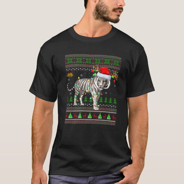 Ugly Sweater Xmas Lights Santa Hat White Tiger Chr (Front)
