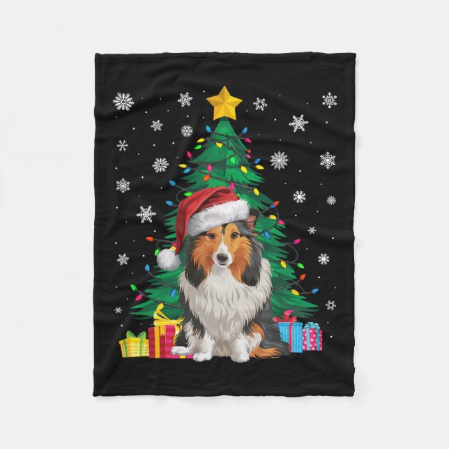 Ugly Sweater Xmas Tree Light Shetland Sheepdog Dog Fleece Blanket (Front)