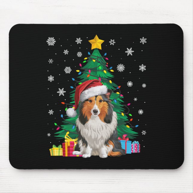 Ugly Sweater Xmas Tree Light Shetland Sheepdog Dog Mouse Pad (Front)