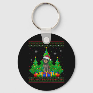 Ugly Sweater Xmas Tree Santa German Wirehaired Poi Key Ring