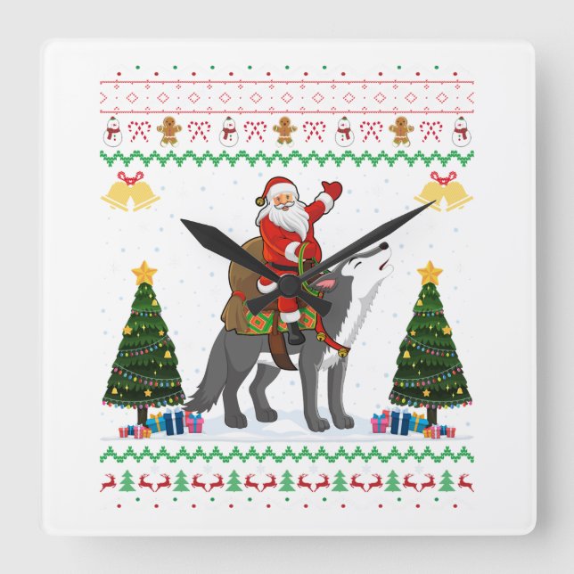 Ugly Wolf Xmas Gift Santa Riding Wolf Christmas  Square Wall Clock (Front)