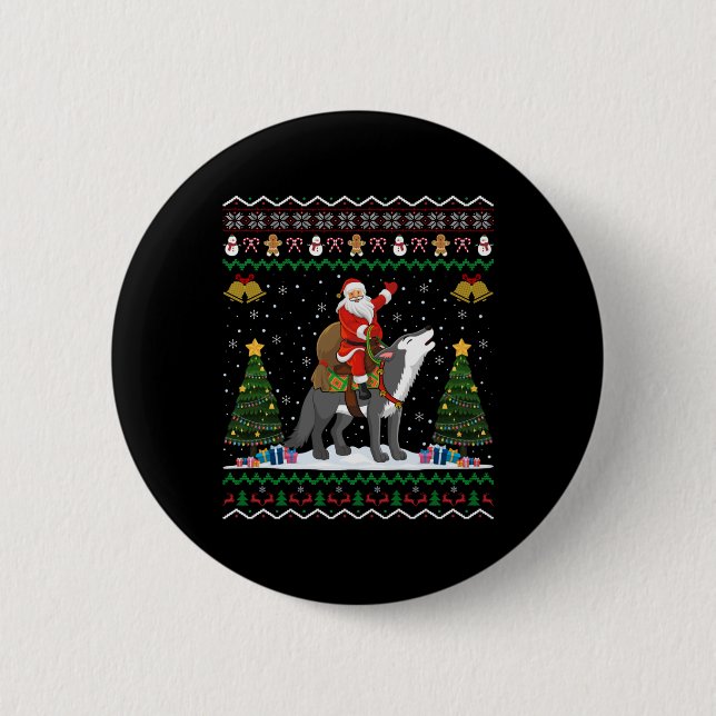 Ugly Wolf Xmas Gift Santa Riding Wolf Christmas T  6 Cm Round Badge (Front)