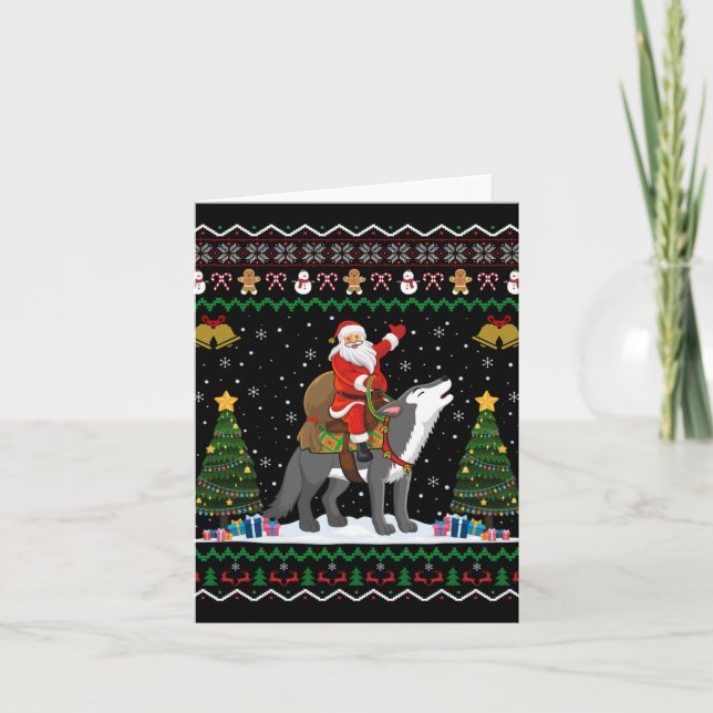 Ugly Wolf Xmas Gift Santa Riding Wolf Christmas T  Card (Front)