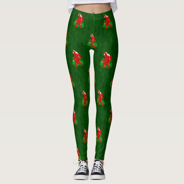 ugly xmas bigfoot yeti christmas trees leggings (Front)
