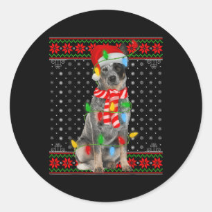 Ugly Xmas Dog Lights Santa Hat Blue Heeler Dog Chr Classic Round Sticker