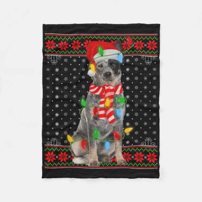 Ugly Xmas Dog Lights Santa Hat Blue Heeler Dog Chr Fleece Blanket (Front)
