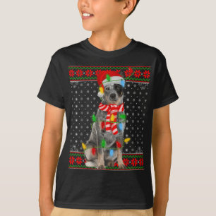 Ugly Xmas Dog Lights Santa Hat Blue Heeler Dog Chr T-Shirt