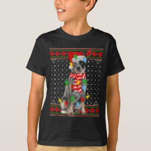 Ugly Xmas Dog Lights Santa Hat Blue Heeler Dog Chr T-Shirt