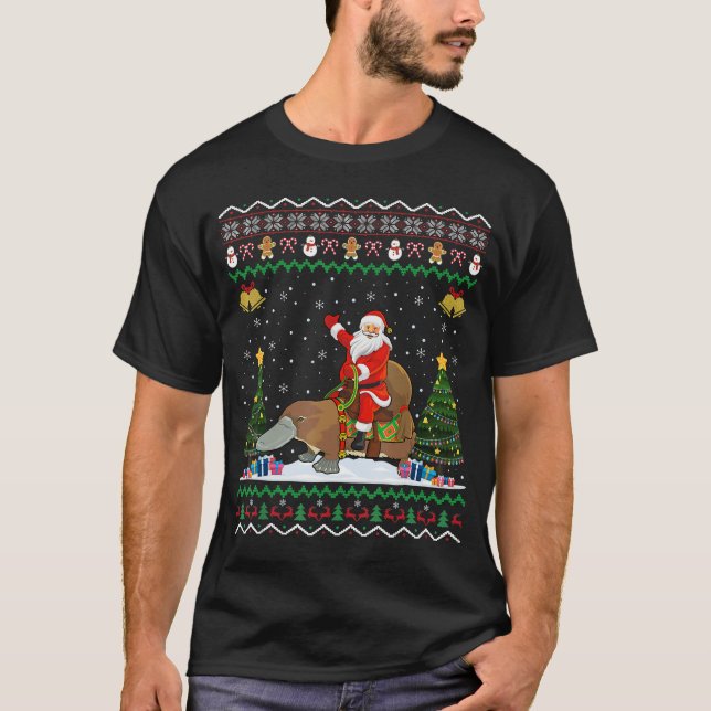 Ugly Xmas Gift Santa Riding Platypus Christmas T-Shirt (Front)