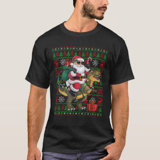 Ugly Xmas Lights Funny Santa Riding Dinosaur T Rex T-Shirt