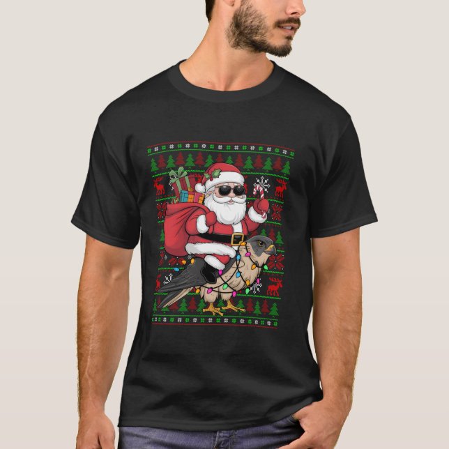 Ugly Xmas Lights Funny Santa Riding Falcon Bird Ch T-Shirt (Front)