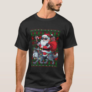 Ugly Xmas Lights Funny Santa Riding Wolf Christmas T-Shirt