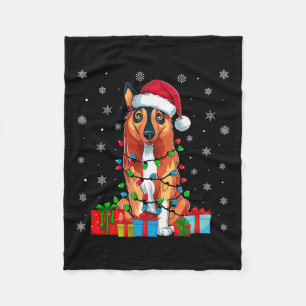 Ugly Xmas Lights Santa Hat Norwegian Elkhound Dog  Fleece Blanket