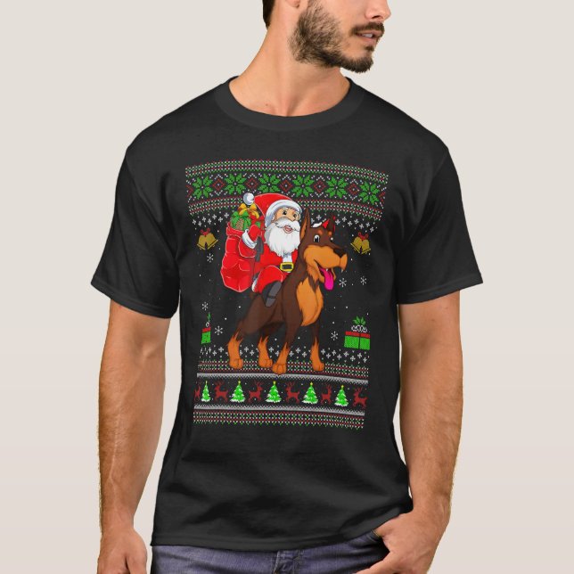 Ugly Xmas Santa Claus Riding Dobermann Christmas T-Shirt (Front)