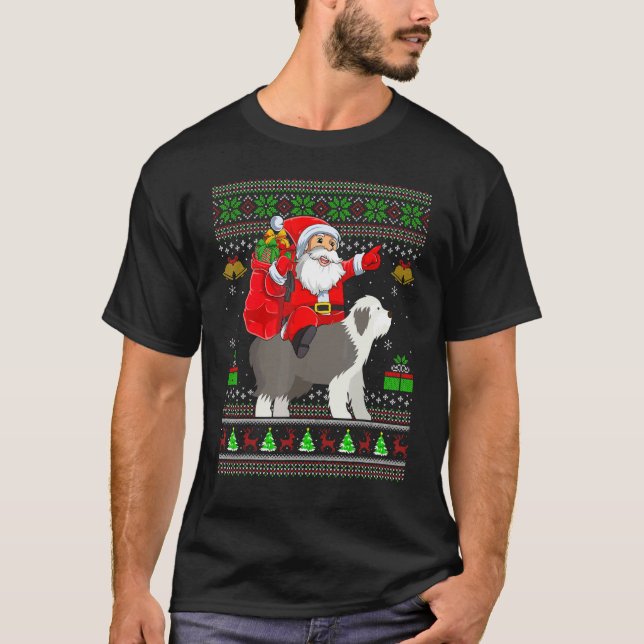Ugly Xmas Santa Riding English Sheepdog Christmas T-Shirt (Front)