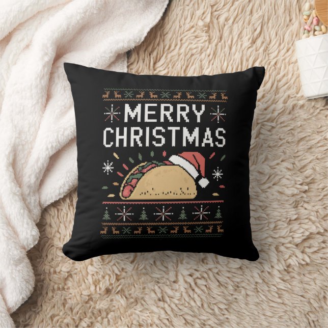 Ugly Xmas Sweater Lights Santa Taco Christmas Cushion (Blanket)