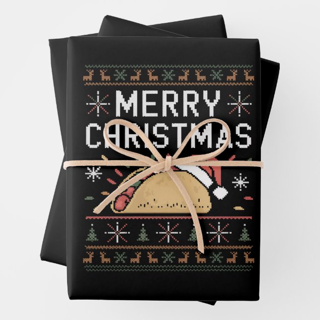 Ugly Xmas Sweater Lights Santa Taco Christmas Wrapping Paper Sheet (In situ)