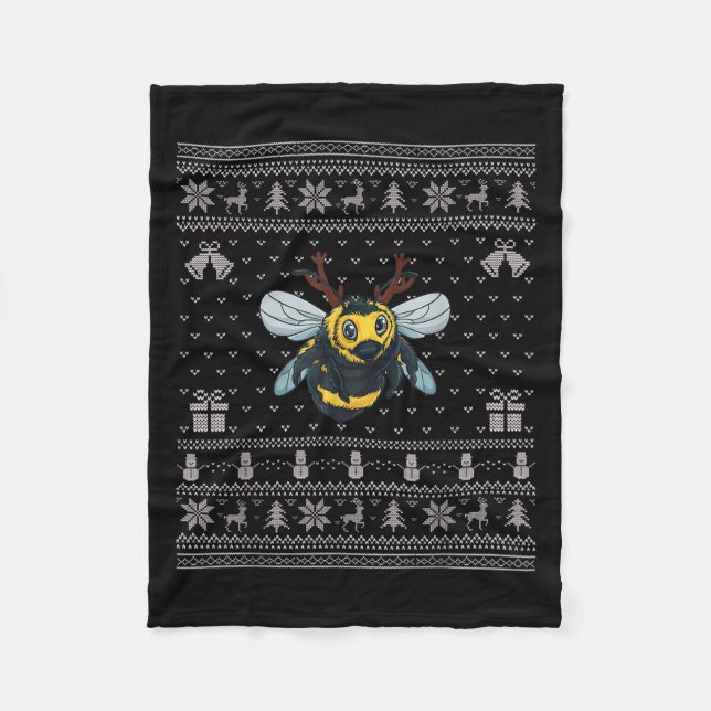 Ugly Xmas Sweater Style Bumble Bee Reindeer Christ Fleece Blanket (Front)