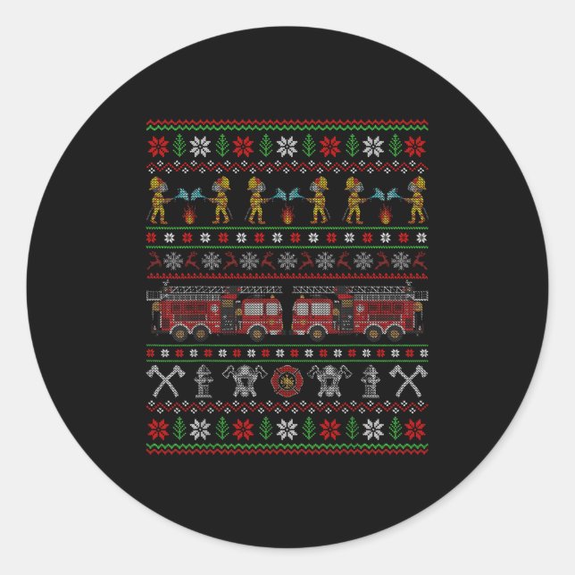 Ugly Xmas Sweater Style Fire Truck Firefighter Chr Classic Round Sticker (Front)