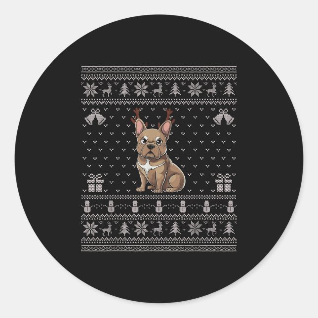 Ugly Xmas Sweater Style Frenchie Dog Reindeer Chri Classic Round Sticker (Front)