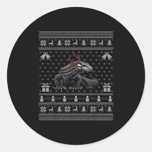 Ugly Xmas Sweater Style Komodo Dragon Reindeer Chr Classic Round Sticker (Front)