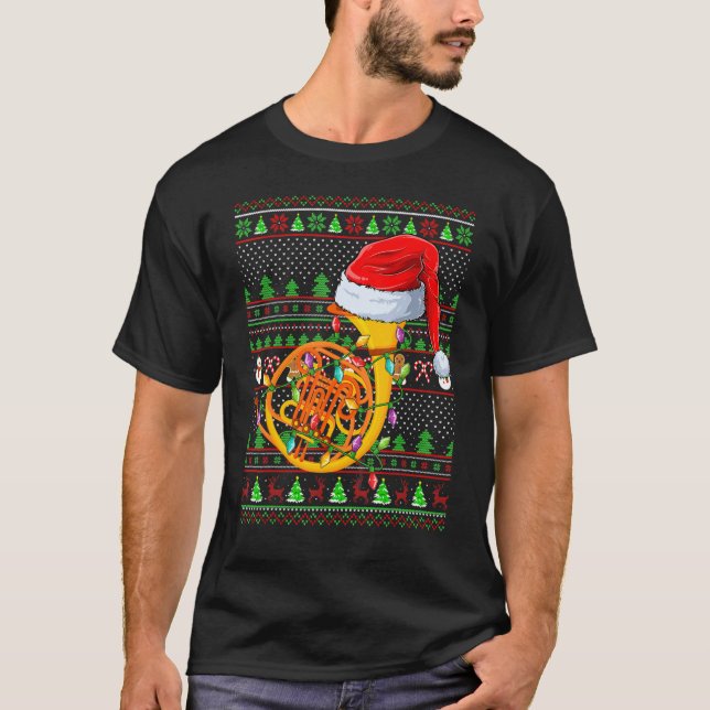 Ugly Xmas Sweater Style Lighting French Horn Chris (Front)