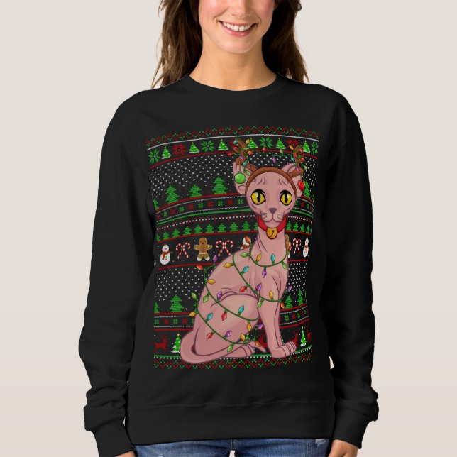 Ugly Xmas Sweater Style Lighting Sphynx Cat Christ (Front)