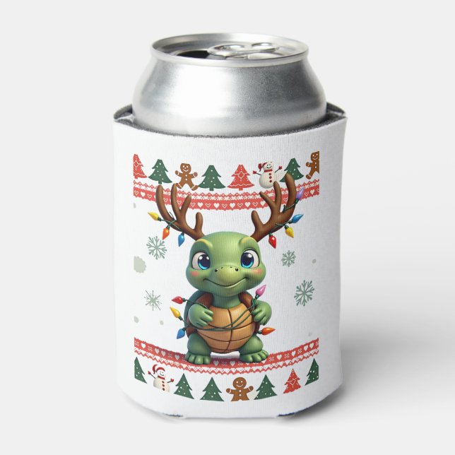 Ugly Xmas Sweater Style Lighting Turtle Christmas  Can Cooler (Can Front)