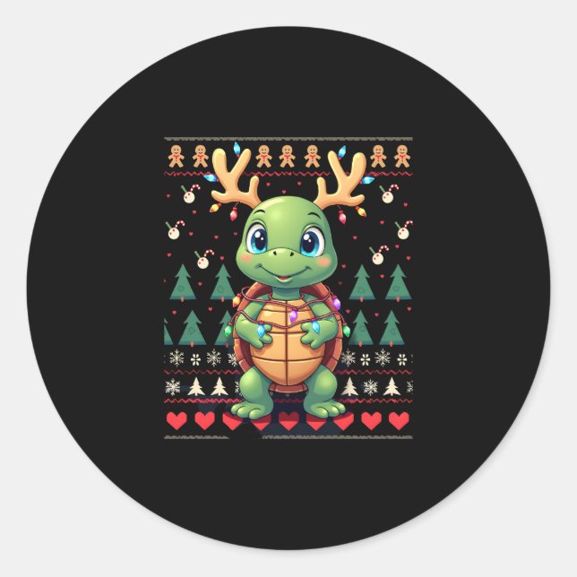 Ugly Xmas Sweater Style Lighting Turtle Christmas  Classic Round Sticker (Front)