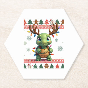 Ugly Xmas Sweater Style Lighting Turtle Christmas Paper Coaster