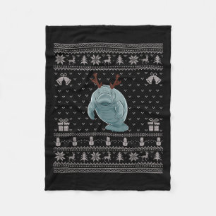 Ugly Xmas Sweater Style Manatee Reindeer Christmas Fleece Blanket