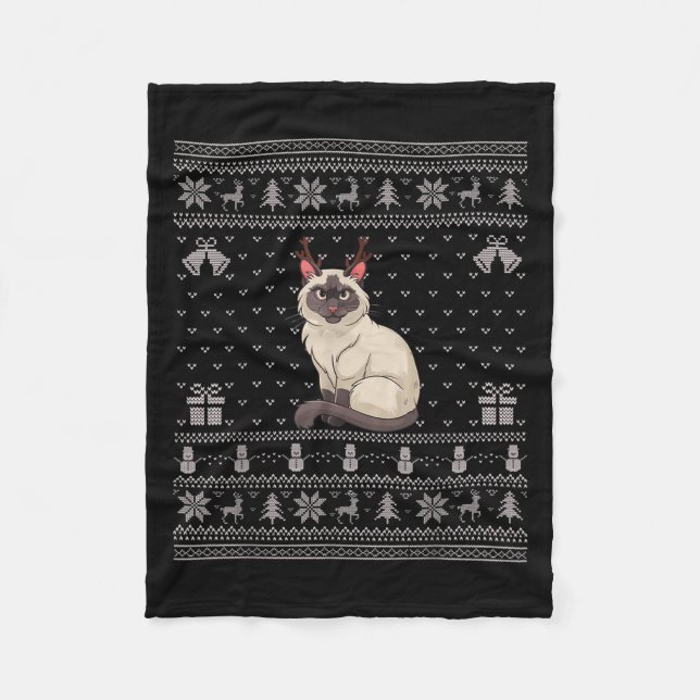 Ugly Xmas Sweater Style Siamese Cat Reindeer Chris Fleece Blanket (Front)