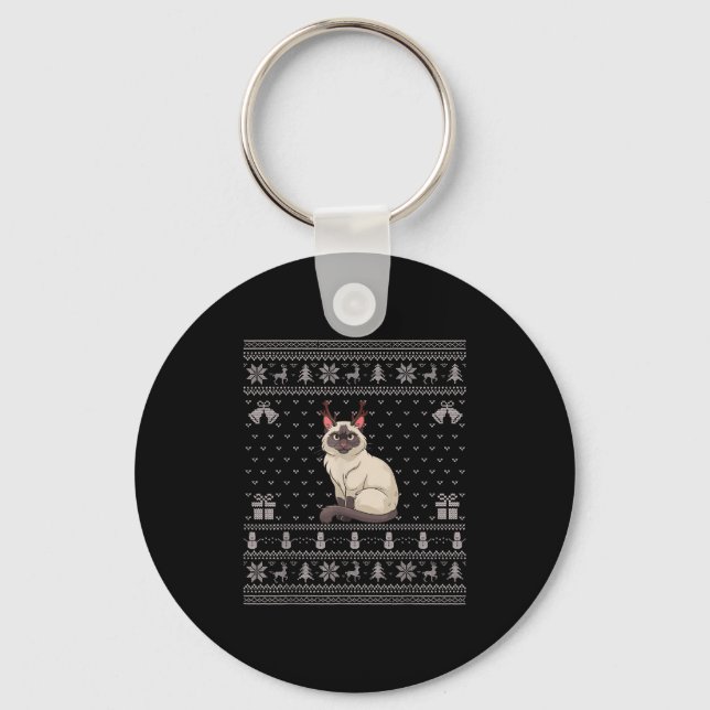 Ugly Xmas Sweater Style Siamese Cat Reindeer Chris Key Ring (Front)