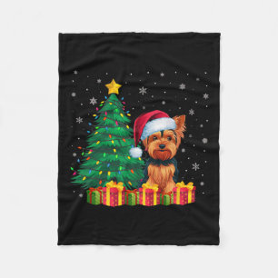 Ugly Yorkshire Terrier Santa Hat Christmas Lights  Fleece Blanket