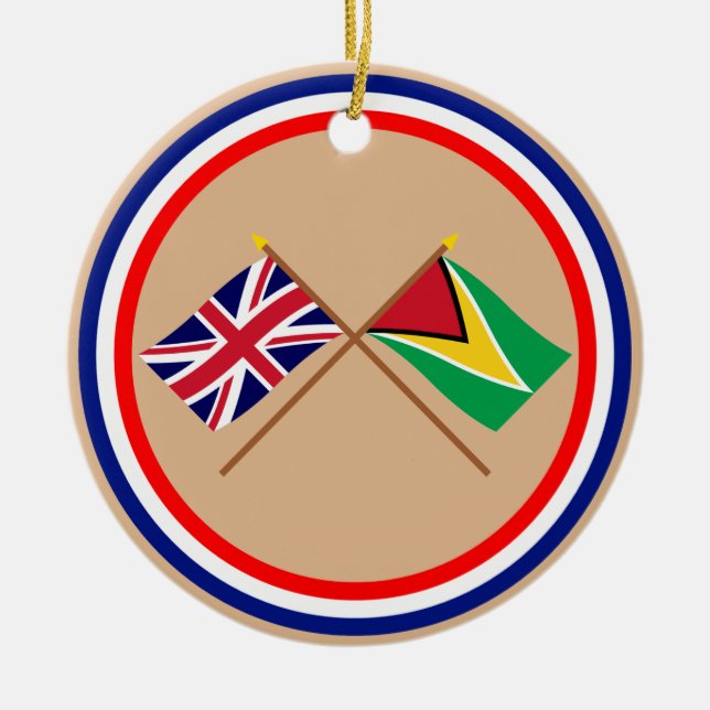 UK and Guyana Crossed Flags Ceramic Tree Decoration (Front)