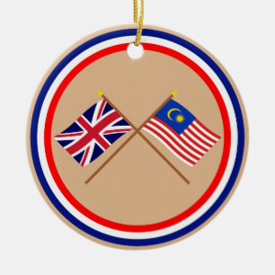 UK and Malaysia Crossed Flags Ceramic Tree Decoration